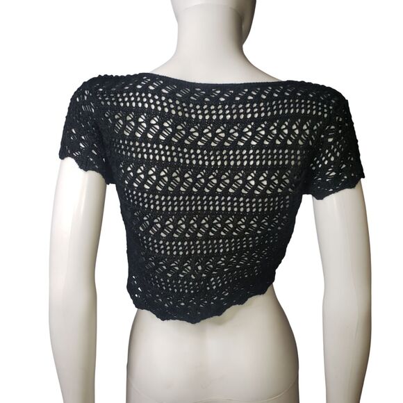 Vintage 90's Y2K RAVE Black Crochet Cropped Bolero Cardigan Top Juniors Large - Picture 2 of 6
